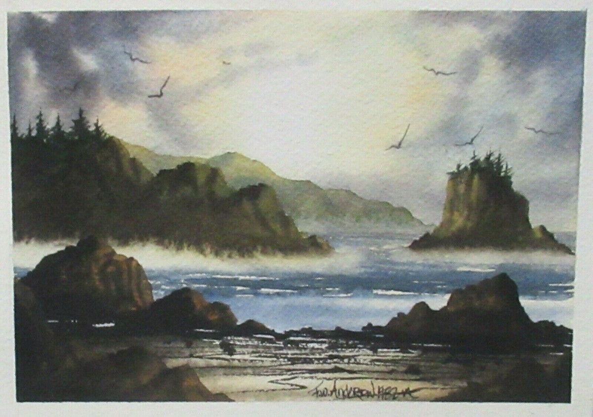 K. P. Anderson 風景画 水彩画 F.W. ANDERSON ORIGINAL SMALL WATERCOLOR MOUNTAIN RIVER