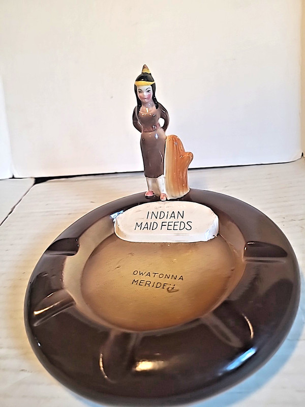 Vintage INDIAN MAID FEEDS Ceramic  Ashtray-Owatonna & Meridan, Minnesota- Japan 
