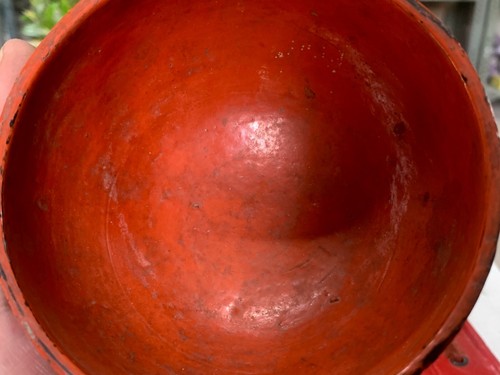 Antique Hand Crafted Wooden Lacquer Painted Red & Black Round Bowl Soup Bowl - Picture 7 of 7