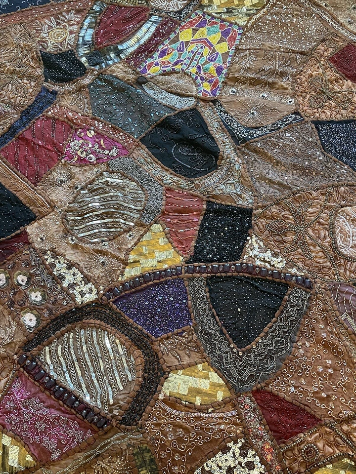 Bronze Sari Patchwork Beaded Bedding Bohemian Wall Hanging Tapestry Bedspread  - Image 3 of 4