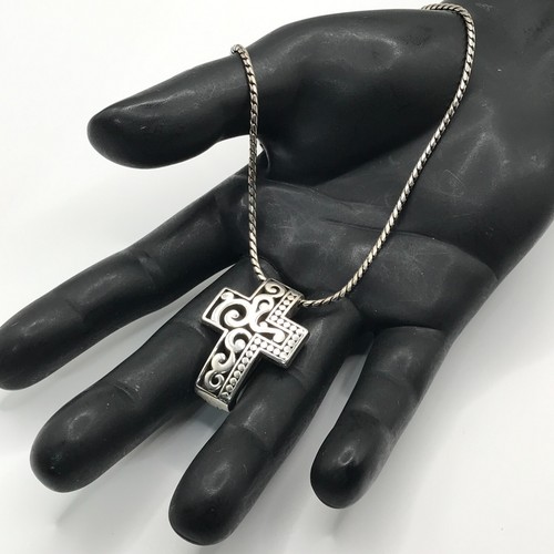 Brighton Cross Necklace ID Work Badge or Charm Holder Filigree Silver Plate 34"