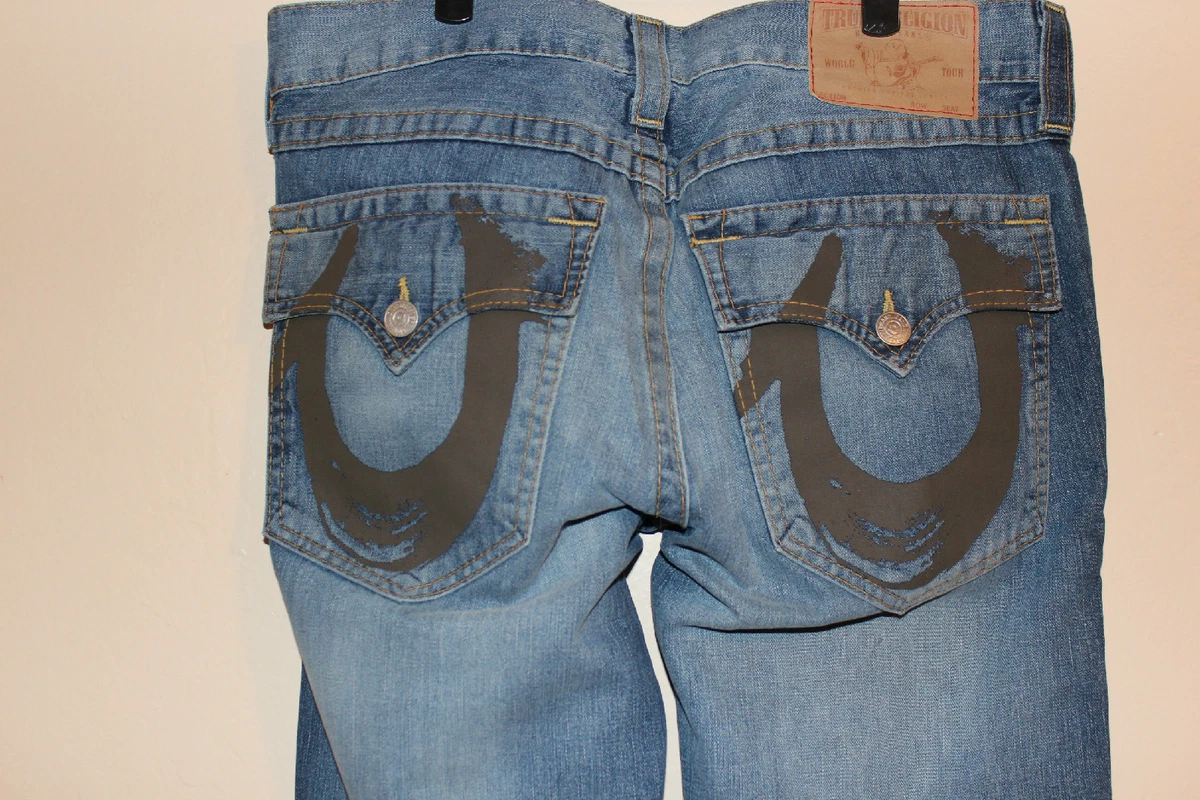 236 TRUE RELIGION Billy Brown Paint Blue Denim Jeans Men 33 X 33 Cool Fashion