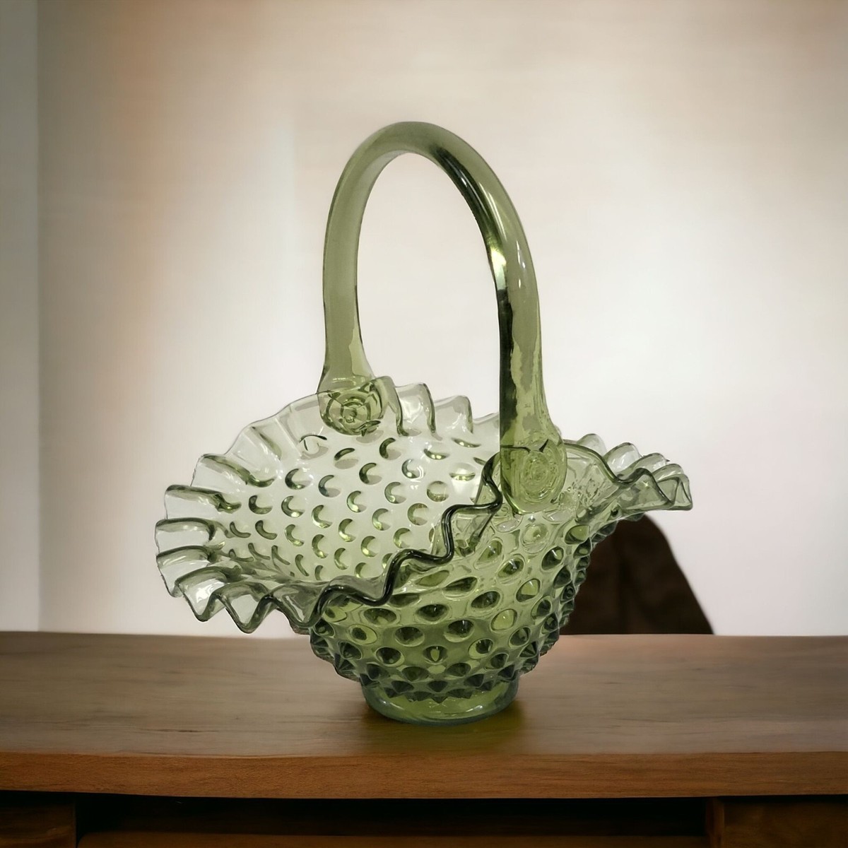 Vintage Fenton Hobnail Basket Green Glass 7” | eBay
