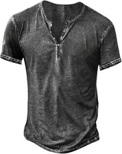 Mens Summer Henley Casual Tee Tops Short Sleeve V Neck Holiday Pullover T Shirt