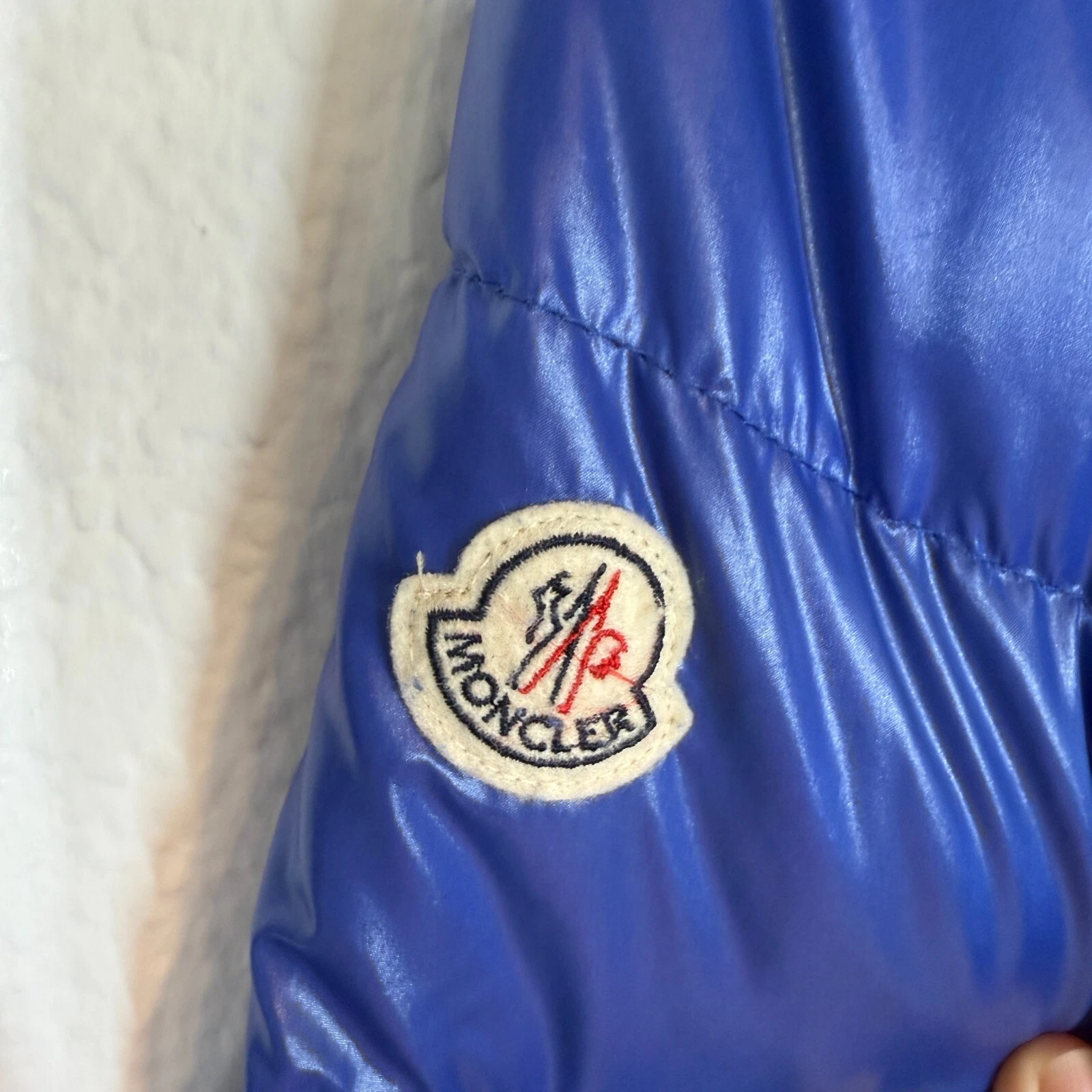 Moncler Alpes Puffer Jacket blu con cappuccio trapuntato piumino vera pelliccia orlo taglia large