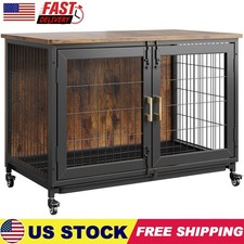37.5In Heavy Duty Wooden Dog Crate Cage Strong Metal Kennel Brown with Wheels