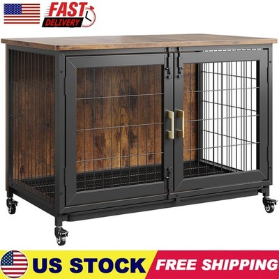 37.5In Heavy Duty Wooden Dog Crate Cage Strong Metal Kennel Brown with Wheels