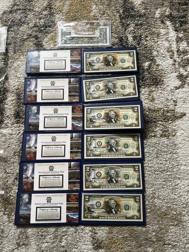 6 Two Dollars ($2) Unc. Colorized Notes In Binders And 1 One Dollar Note