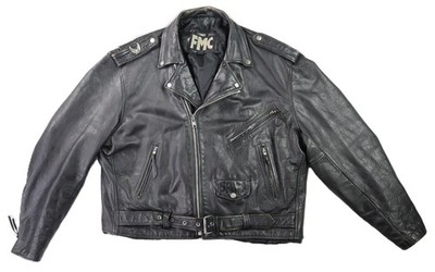 Vintage 80s 90s FMC XL 52 Black Leather Belted Moto Motorcycle Lined Jacket