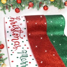 3 Rolls Merry Christmas Ribbons for Wreath Bows Crafting, Xmas Wired Edge Rib...