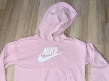 Nike Girls Light Pink Sweatshirt Swoosh Casual Cropped Hoodie Sz M Excellent
