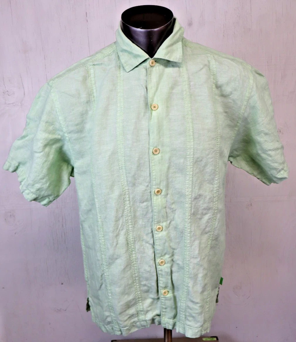 Mens Tommy Bahama Button Front Shirt Linen Size L Solid Green