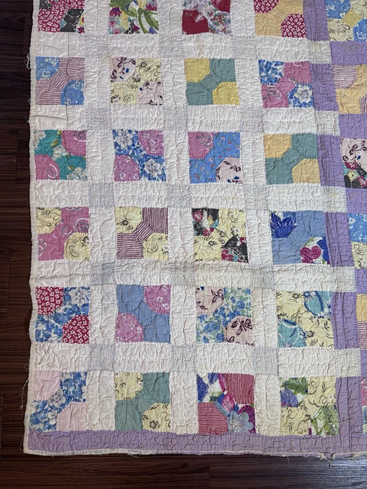 Vintage Primitive Hand Made Bow Tie Quilt Feedsack Split Color 56” 69” Unique! - Image 2 of 4