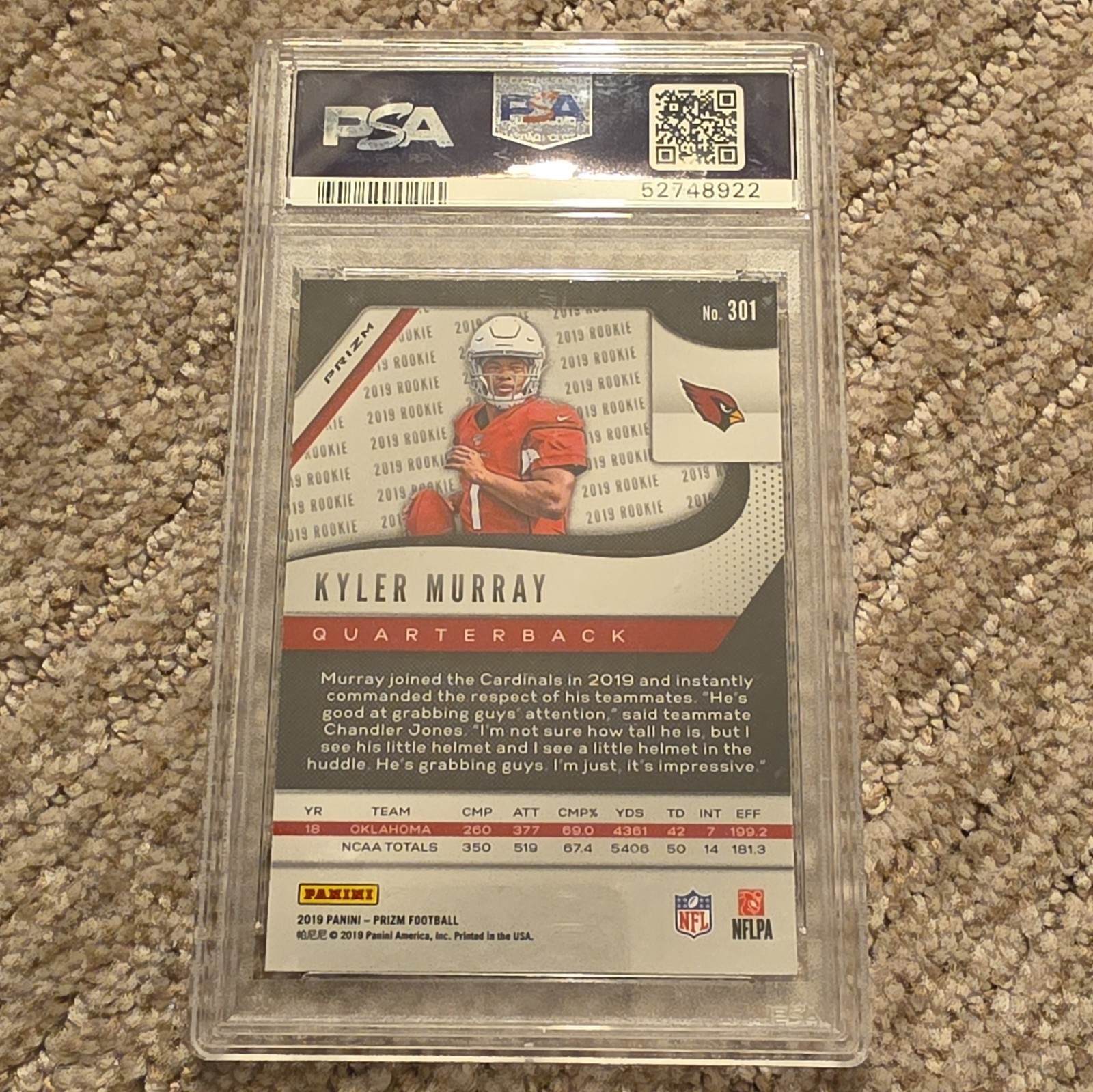 Panini Prizm Kyler Murray Arizona Cardinals Red Ice Prizm RC #301 PSA 10 view 2