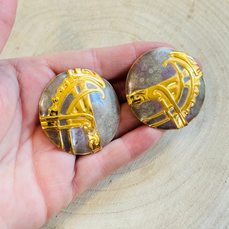 Винтажные позолоченные круглые серьги Edgar Berebi эмаль коренастый пирсинг дизайнерское фиолетовое золото - Изображение 3 из 4