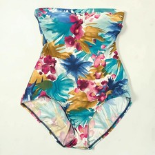 Jantzen Classics Floral Bandeau One Piece Swimsuit Tropical Blue Pink Womens 8
