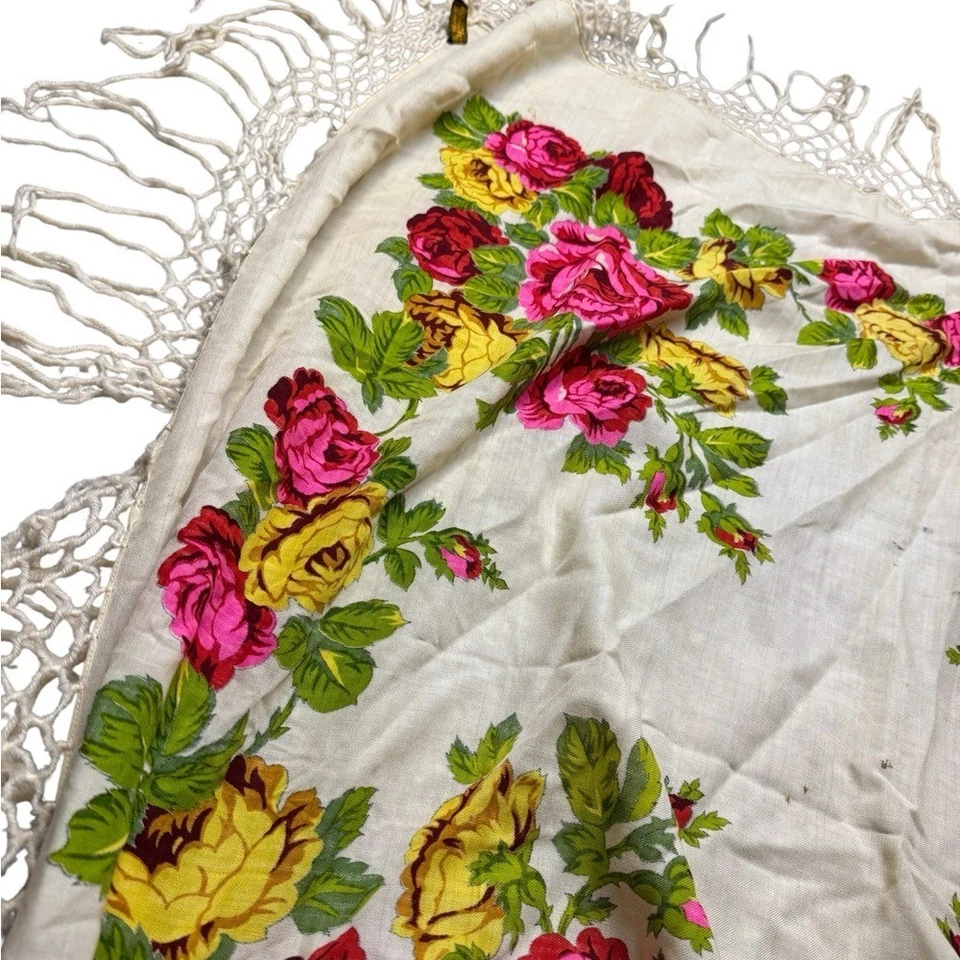🧣 Bufanda blanca envolvente con flecos florales de lana de los años 20 chal de piano antiguo 🌹 Foto 2 de 4