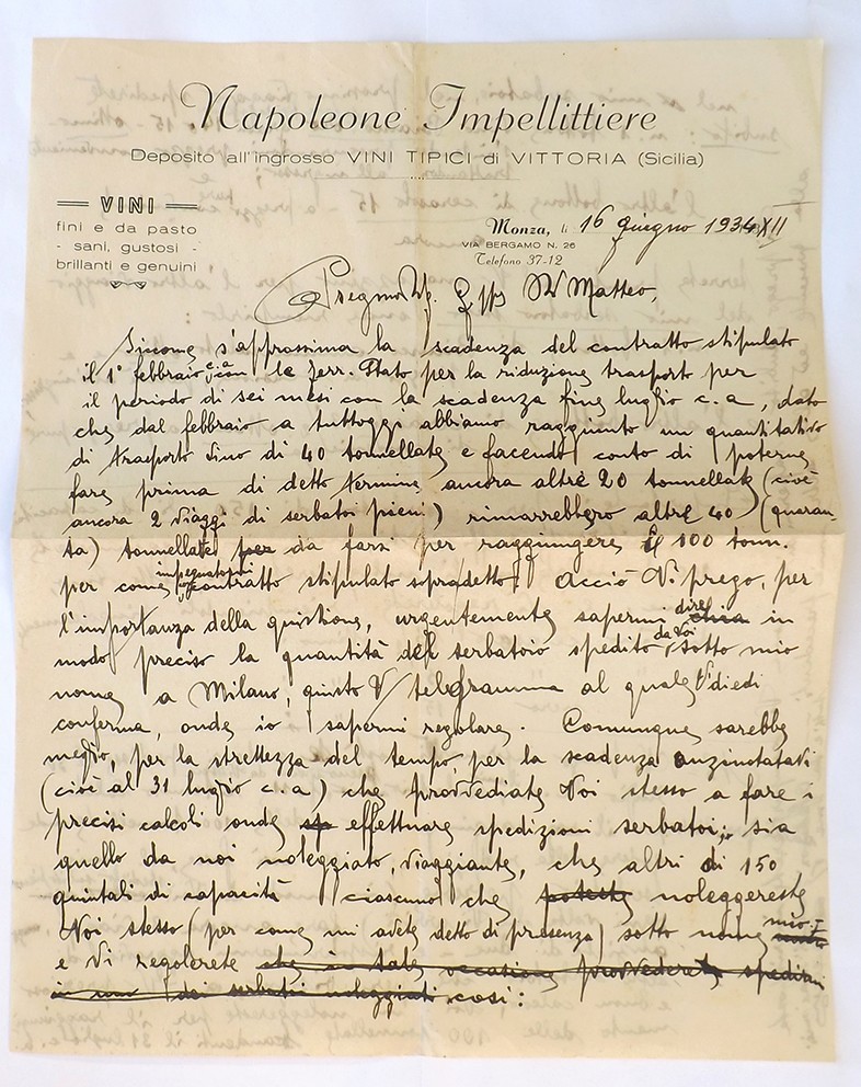 NAPOLEONE IMPELLITTIERE - Lettera a Di Matteo, Monza 16-6-1934 XII - Firma aut.