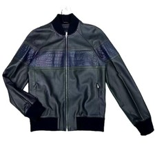 $50K HERMES 48  Blue Crocodile & Black Lambskin Leather Bomber Jacket NWT!