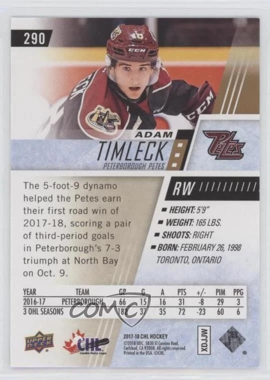 2017-18 Upper Deck CHL Adam Timleck #290 - Image 2 of 2
