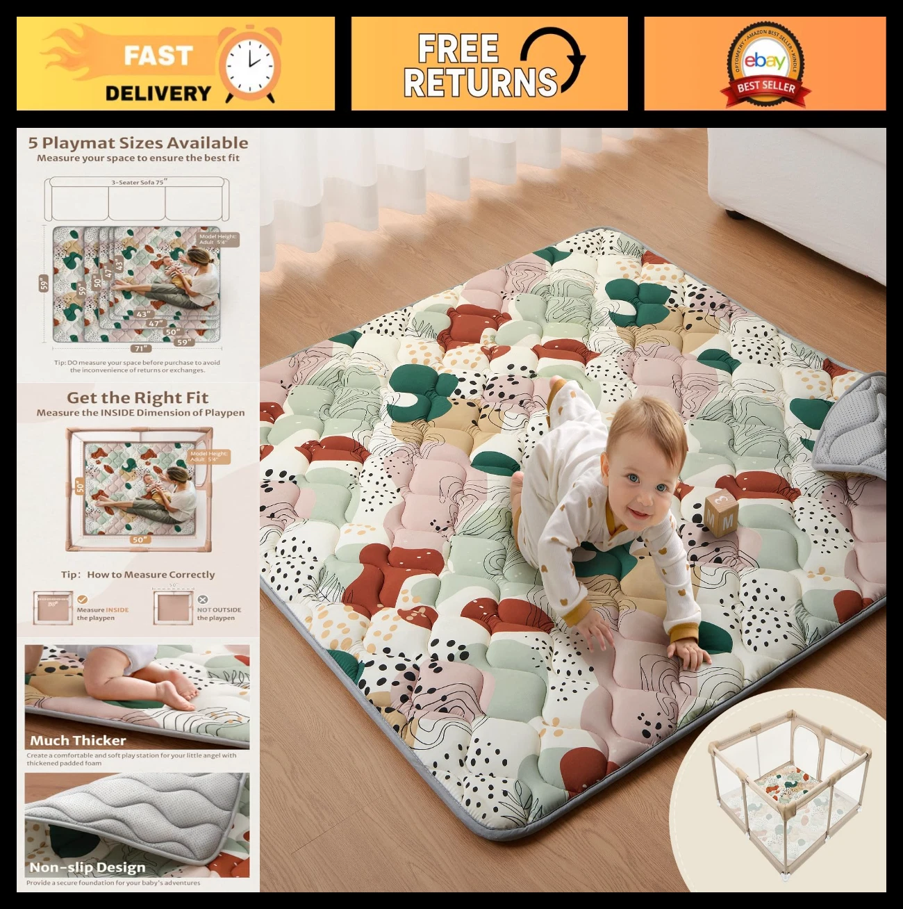 50x50 Inch Baby Play Mat - Thick Foam Crawling Mat for Playpen, Modern Design