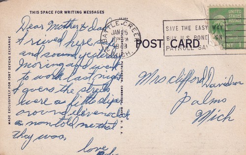 Cartolina Army Chapel Fort Devens Massachusetts MA 1949 Battle Creek MI Palms A01 - Foto 2 di 2