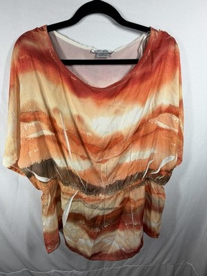 Fred David XL Blouse Watercolor Landscape Print Elastic Waist Split Sleeve