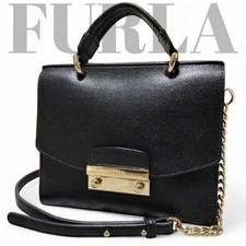 FURLA Julia Black Saffiano Leather Top Handle Satchel Bag USED from Japan
