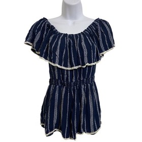 Lulus Embroidered Off The Shoulder Romper Pom Pom Trim Coastal Boho Resortwear M
