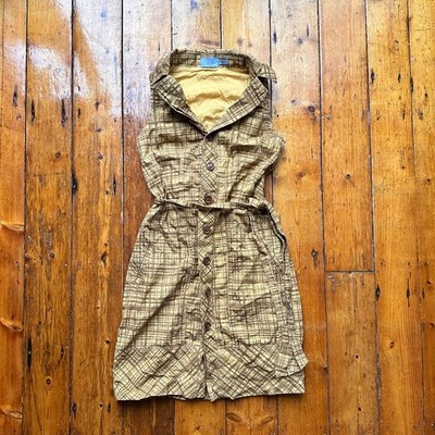 MYRA B y2k Vintage Gold Gelb Kariert Knopfleiste Träger Midi Kleid
