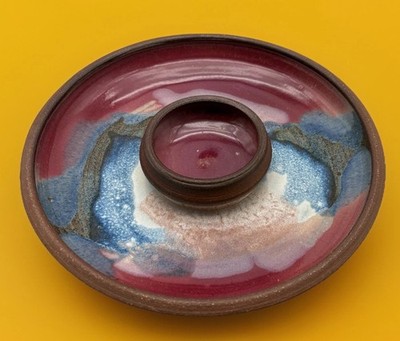 Handmade Art Pottery Chip Dip Serving Dish Drip Terracotta Rustic Vibrant Signed