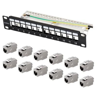 10'' Patchpanel CAT7 Keystone-Set, 12 Port, 1HE mit Beschriftungsfeld, inkl. 12x 