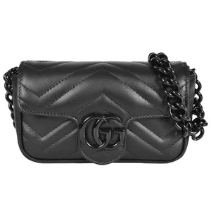 SAC BANDOULIÈRE AUTHENTIQUE GUCCI GG MARMONT CUIR 699757 NOIR CHAÎNE CEINTURE F/S