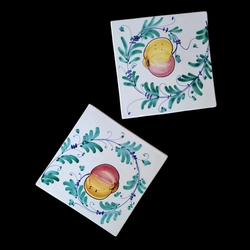 Italian Hand-Painted Ceramic Trivets x 2- Fruit & Leaf Design, FACAL. Vintage