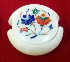 4.5" Round Marble Cup Mat Beautiful Art Tea Coaster Set for Home Set of 6 Pieces
