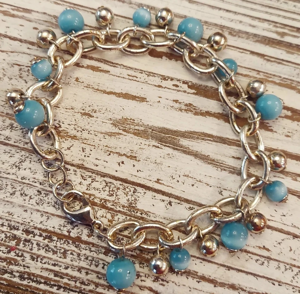 Handcrafted Blue Aqua Silver Tone Moonglow Glass Beaded Beads Dangle Bracelet Foto 2 de 4