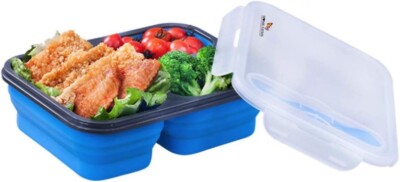 Faltbare Silikon Bento Brotdose mit 2 Fächern und Besteck | BLAU
