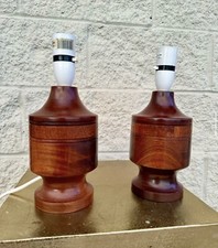 Vintage Mid Century European Turned Solid Teak Petite Bedside Table Lamps