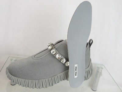 MIU MIU 5S376D GRAY KNIT CRYSTAL JEWELED LOGO ELASTIC SLIP