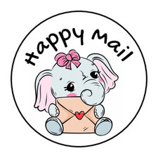 30 HAPPY MAIL STICKERS ENVELOPE SEALS LABELS 1.5" ROUND CUTE ELEPHANT