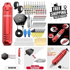 Professional Tattoo Gun Kit with 20 Inks & Power Supply - Beginner Friendly Red