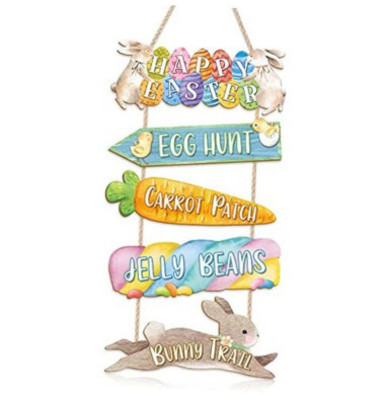 Easter Bunny Door Sign - Wooden Rabbit Hanging Decor with Carrots & Eggs, Spring