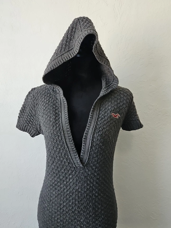 Vtg Y2k Womens Sz Lg Hollister Hooded Sweater Dress Long Sleeve Gray Deep V Neck - Image 3 of 4