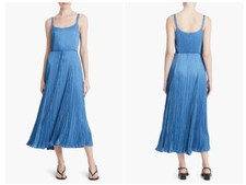 NEW VINCE Pleated Crushed Satin Midi Slip Dress Cadet Blue XS/M