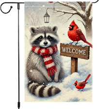 Winter Garden Flag 12x18 Inch Double Sided Burlap Welcome Raccoon Cardinal Snow