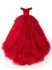Red Off-Shoulder Ball Gown Dress with Headpiece, Floral Tulle