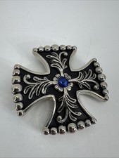 Western Cross Silver Blue Rhinestone Belt Buckle Cowgirl