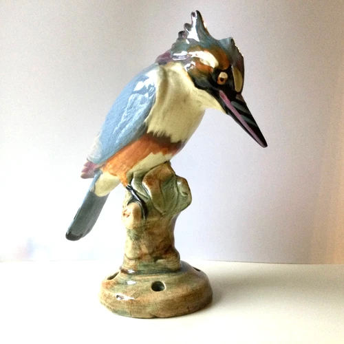 Weller Pottery Brighton Kingfisher Bird Flower Frog, 9" Tall
