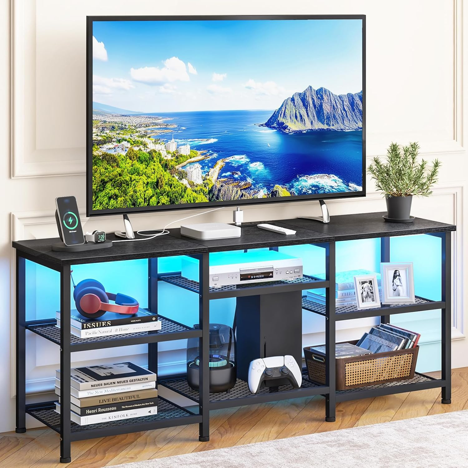 For 55" Tvs With Power Outlet & Led Lights, Black Media Console