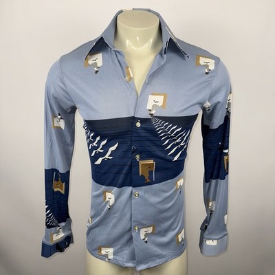 Vintage Chrome Disco Shirt Mens Nylon Hippy Mod Nik 60s 70s Beatnik Bird Medium